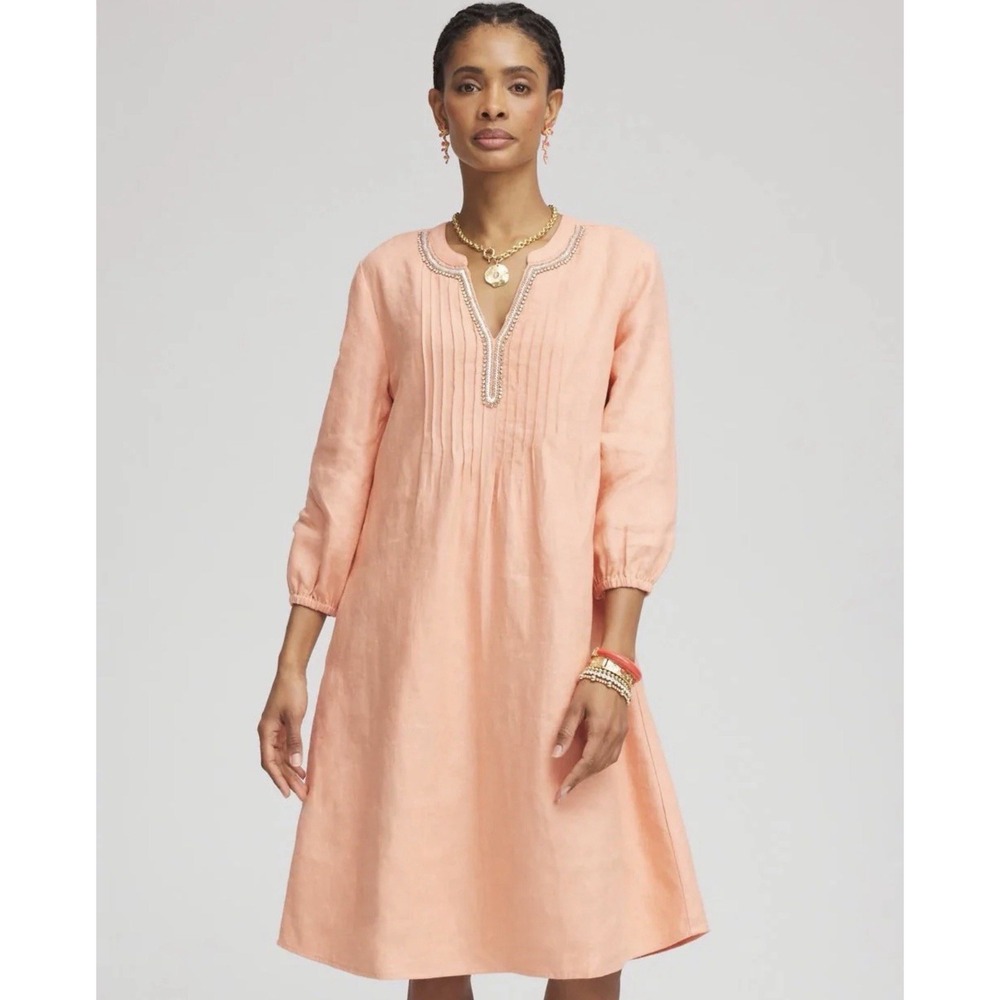 Chicos Linen Coral Peach Sparkly Beaded Sz 1 (8) Tunic Dress Beach Resort Airy